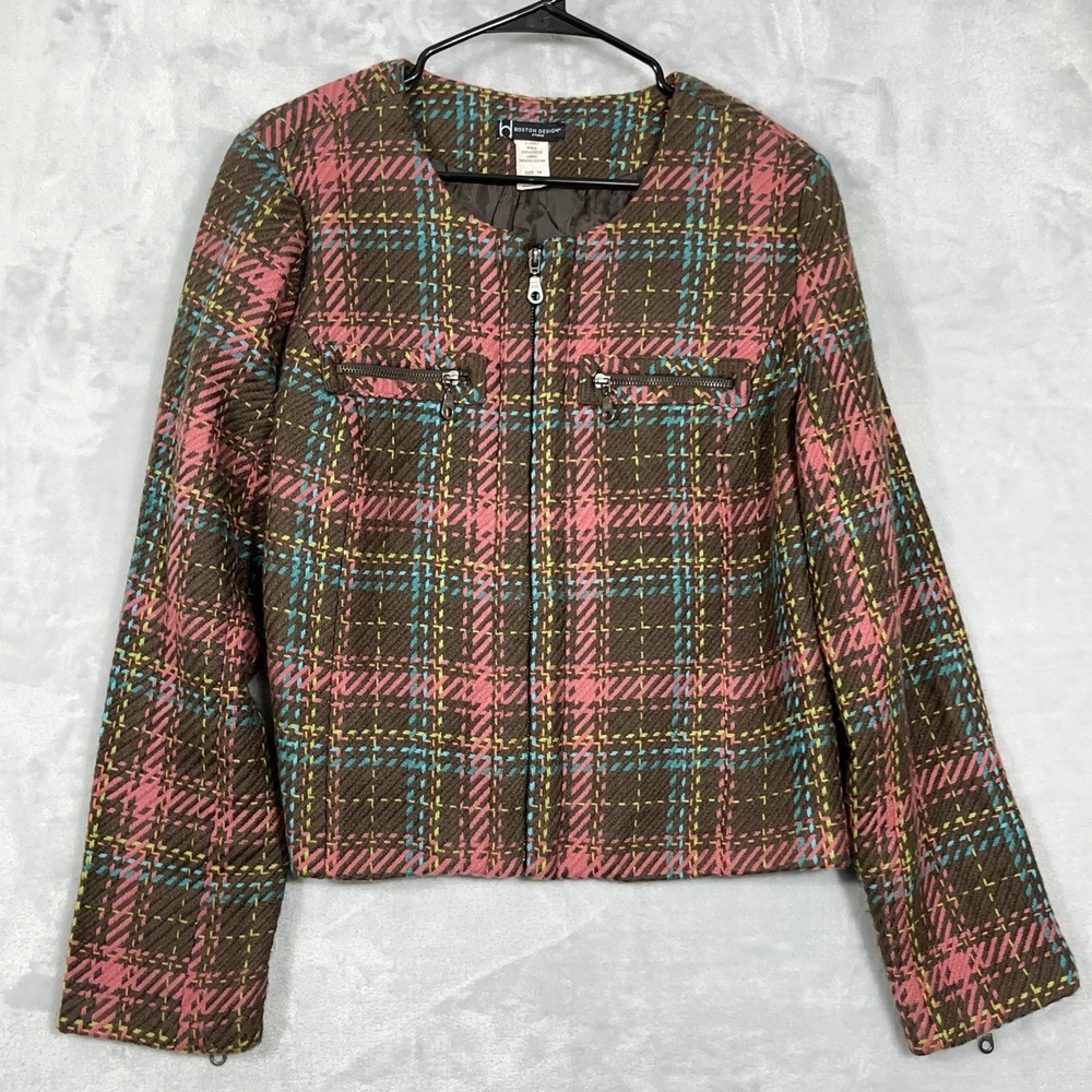 Boston Design Womens 14 Brown Multicolor Zip Front Tweed Blazer Jacket Career